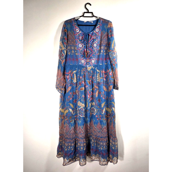 Soft Surroundings Dress XL Blue Mirapani Prairie Tiered Boho Embroidered Maxi - Picture 2 of 13